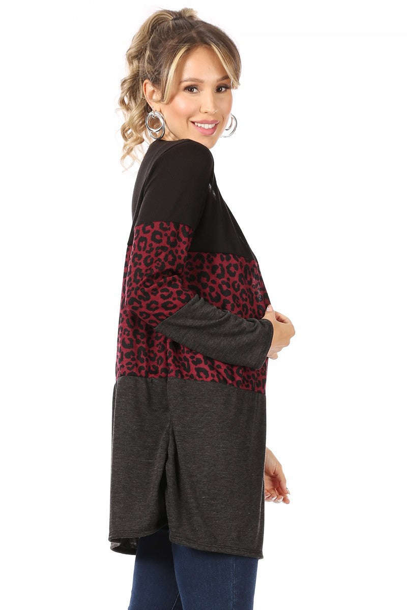 Load image into Gallery viewer, MOATSHT11 - Ladies Burgundy Solid And Animal Print Color Block Cardigan
