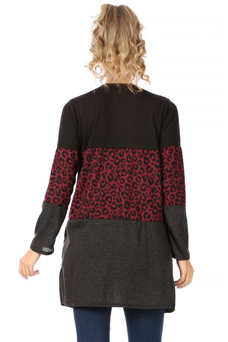 Load image into Gallery viewer, MOATSHT11 - Ladies Burgundy Solid And Animal Print Color Block Cardigan
