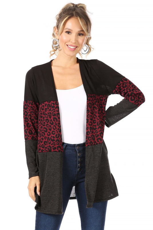 MOATSHT11 - Ladies Burgundy Solid And Animal Print Color Block Cardigan