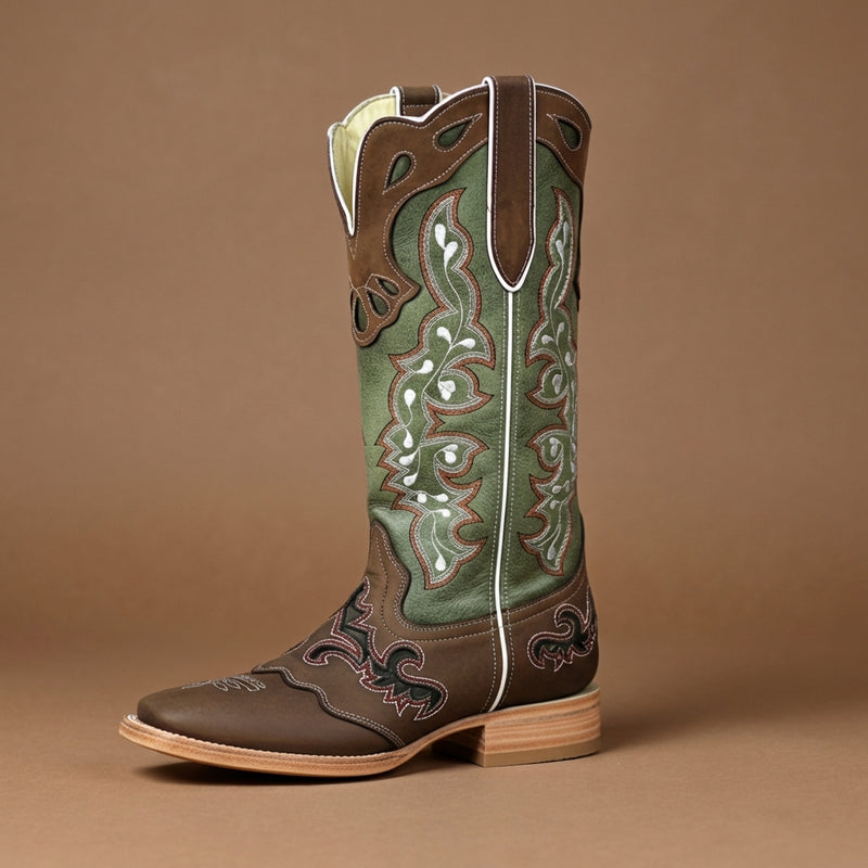 Load image into Gallery viewer, 2181 - RockinLeather Women's Tall Distressed Brown/Olive Green Boot With Wide Square Toe
