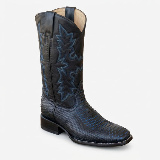 CP5008 - Cowboy Prayer Men's Black Python Print w/Blue Underlay Western Boots