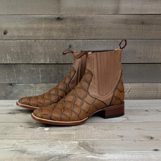 1814 - RockinLeather Men's Retro Brown Leather Pirarucu Print Chelsea Boot