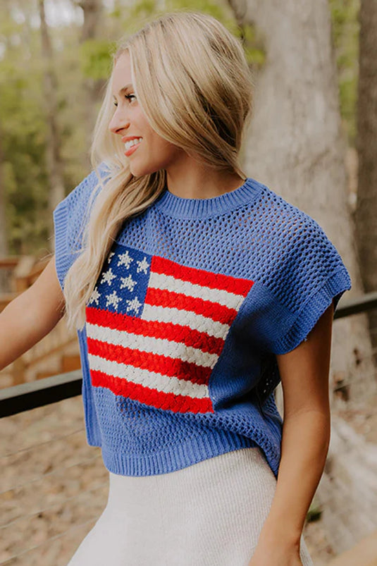 DLLS525 - Ladies Sky Blue Flag Graphic Short Sleeve Sweater Top