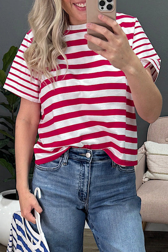 DLLS530 - Ladies Red Stripe Patchwork Round Neck T Shirt