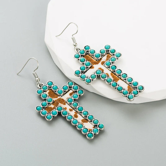 GOODER 9 - Retro Cross Leopard Turquoise Outlined Earrings