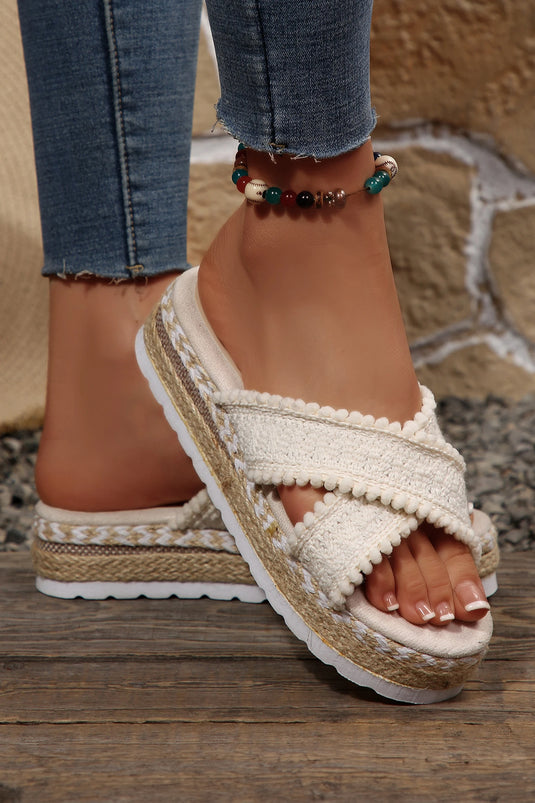 DLLSHOE 20 - White Pompom Knit Platform Slide Slippers