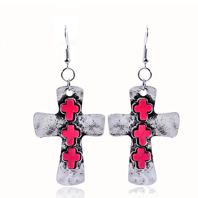 GOODER 6 - Retro Cross Rose Red Cross Inlay Earrings