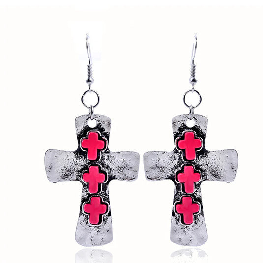 GOODER 6 - Retro Cross Rose Red Cross Inlay Earrings