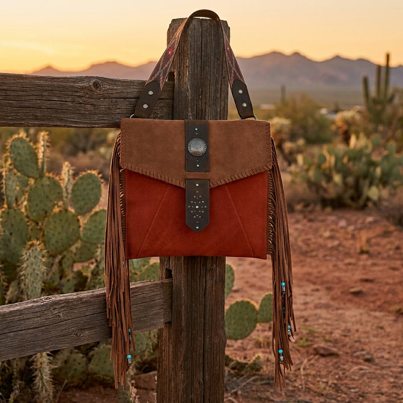 Load image into Gallery viewer, 24096948TAN - Red Dirt Hat Co Ladies Crossbody Rusty Suede W/ Fringe
