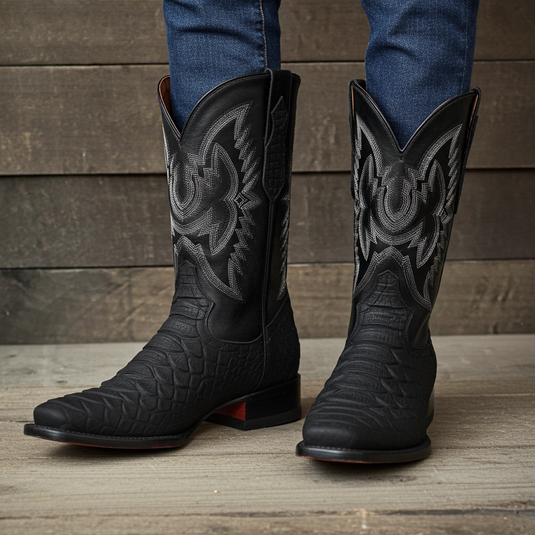 CP1701 - Cowboy Prayer Hand Crafted Black Python Print Cowboy Boots