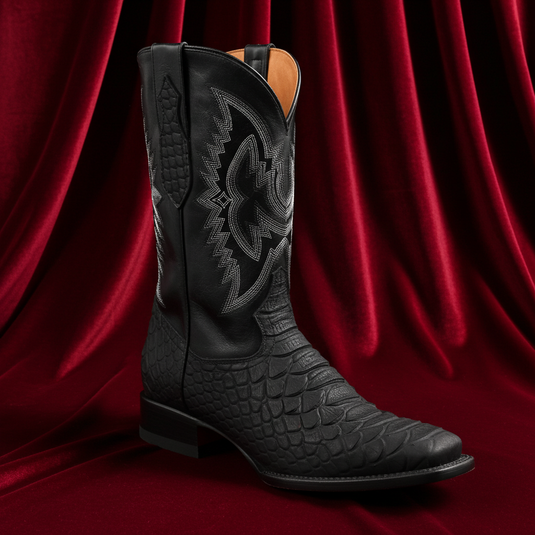 CP1701 - Cowboy Prayer Hand Crafted Black Python Print Cowboy Boots
