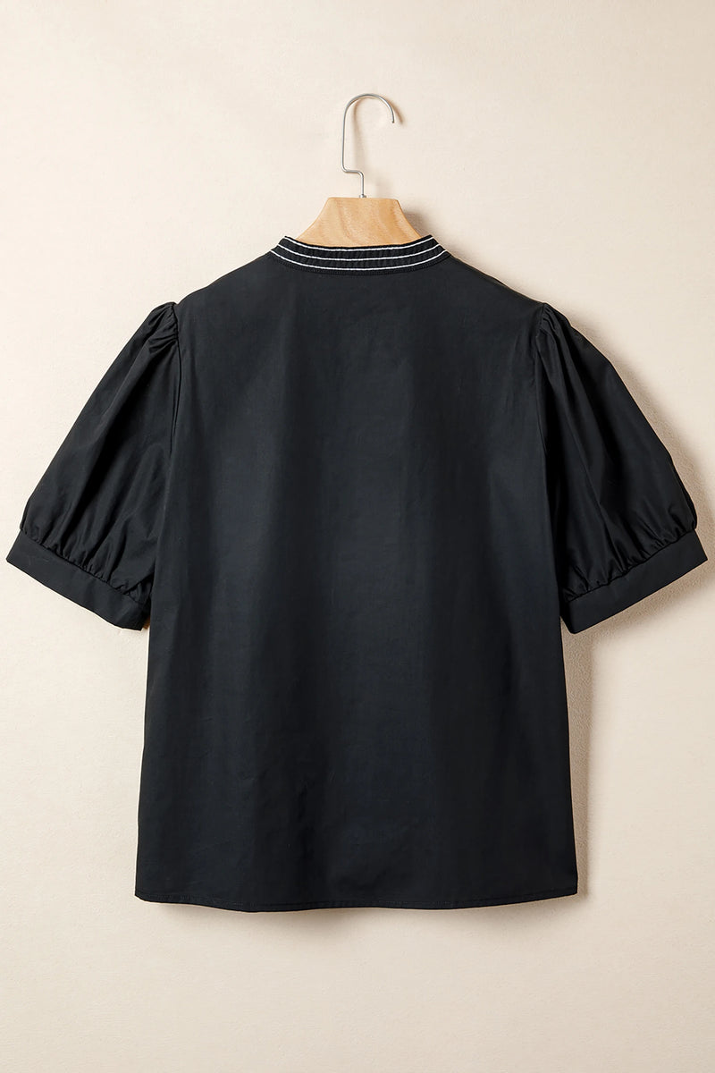 Load image into Gallery viewer, DLLS364 - Ladies Black Short Puff Sleeve Contrast Embroidered Detail V Neck Blouse
