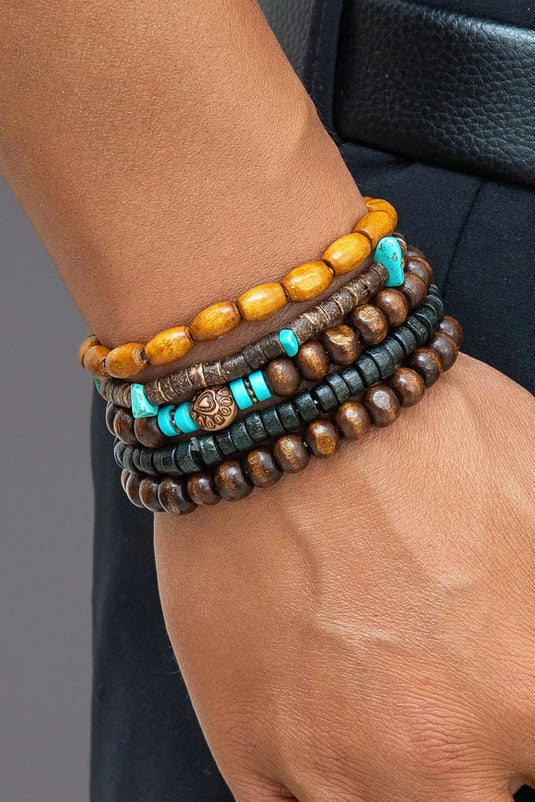 DLLBC 9 - Chestnut Boho Turquoise Wooden Beaded Multi Layer Bracelet