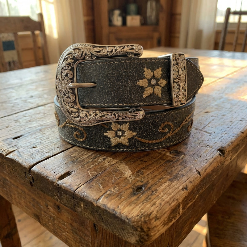 Load image into Gallery viewer, N3447001 - Nocona Women's Distressed Black Belt W/Floral Embroidery
