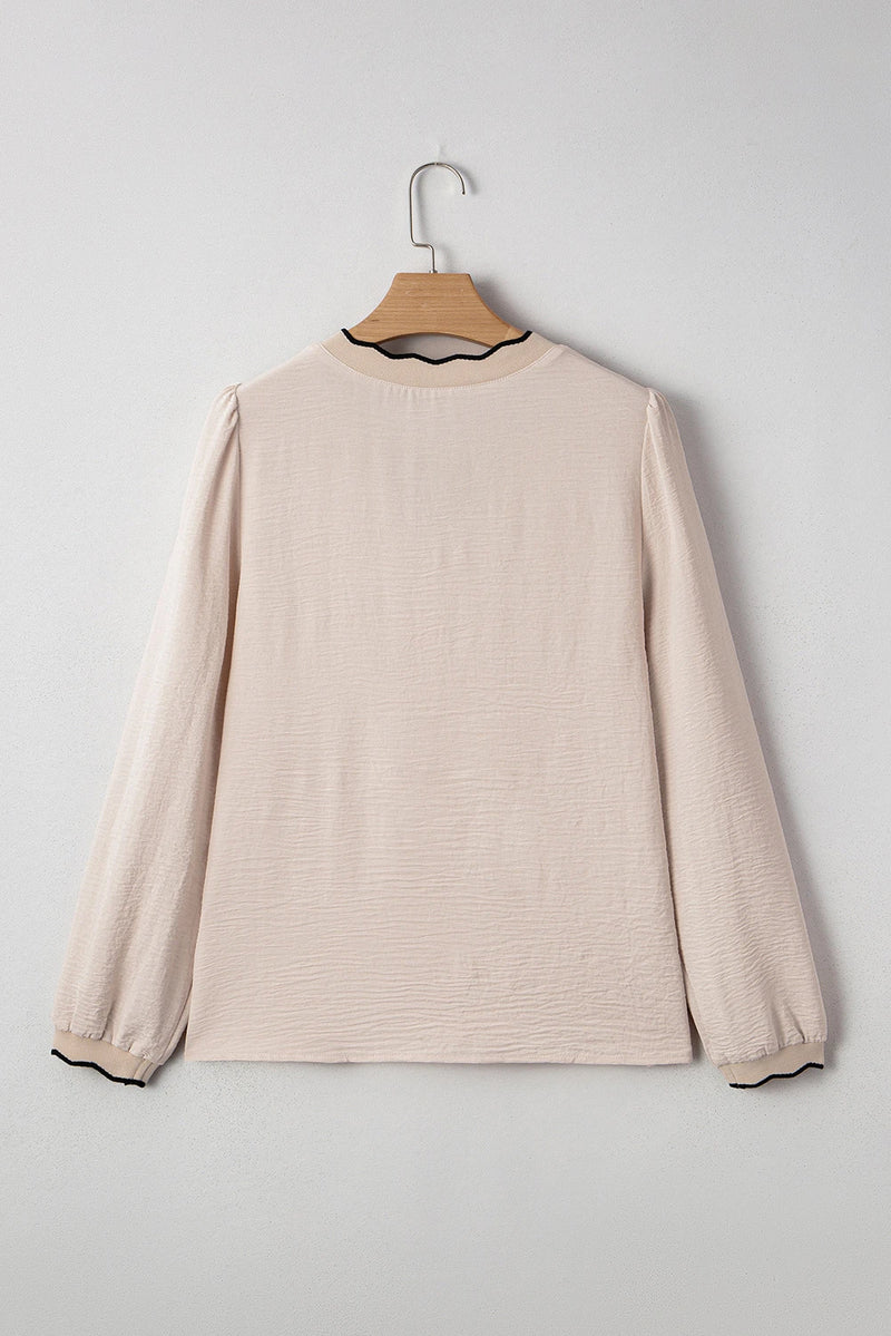 Load image into Gallery viewer, DLLS171 - Ladies Jet Stream Contrast Scallop Trim V Neck Long Sleeve Blouse
