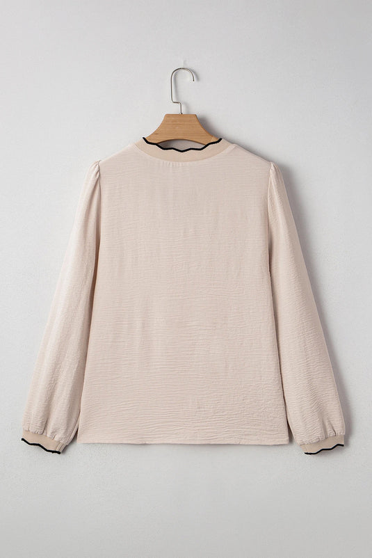 DLLS171 - Ladies Jet Stream Contrast Scallop Trim V Neck Long Sleeve Blouse