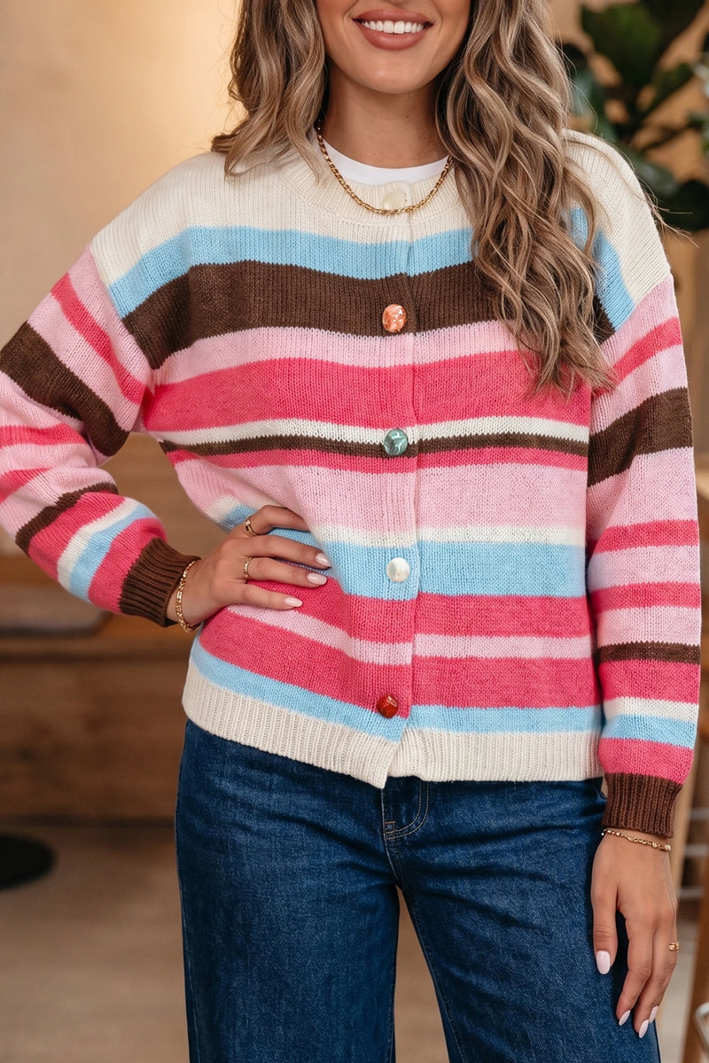 Load image into Gallery viewer, DLLS862 - Ladies Pink Stripe Striped Colorblock Drop Shoulder Cardigan

