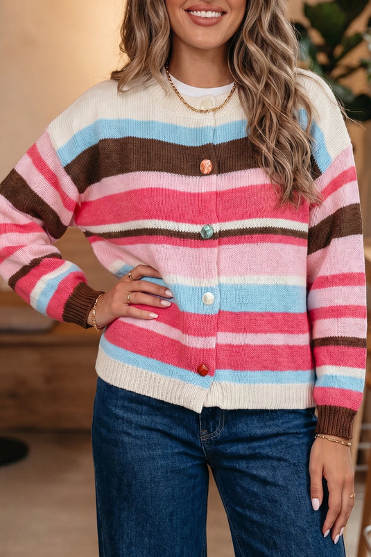 DLLS862 - Ladies Pink Stripe Striped Colorblock Drop Shoulder Cardigan
