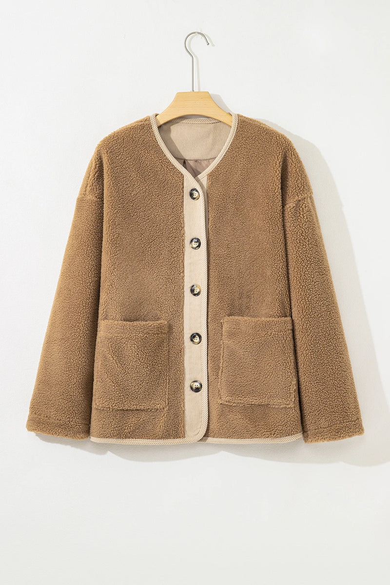 Load image into Gallery viewer, DLLS199 - Ladies Light French Beige Puffy Plush Corduroy Edge Patchwork Jacket with Big Pockets
