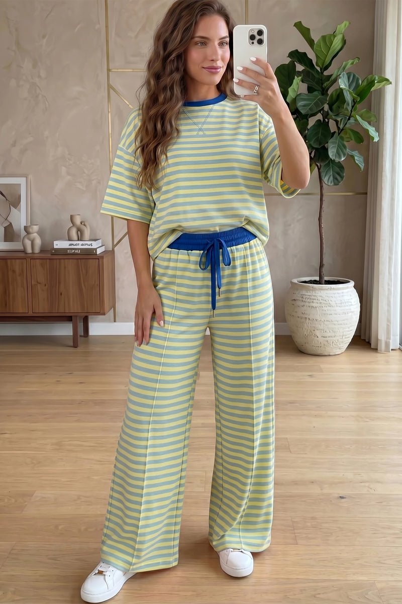 Load image into Gallery viewer, DLLS778 - Ladies Yellow Stripe Crew Neck Loose Tee Drawstring Waist 2pcs Pant Set
