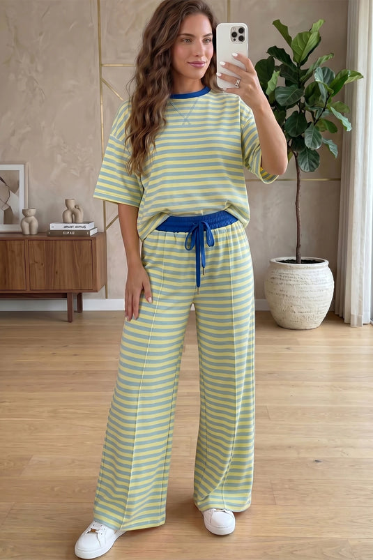 DLLS778 - Ladies Yellow Stripe Crew Neck Loose Tee Drawstring Waist 2pcs Pant Set