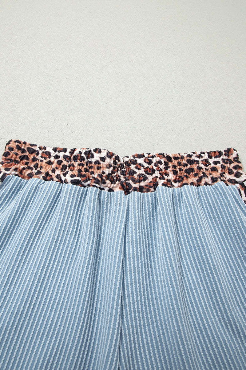 Load image into Gallery viewer, DLLS712 - Ladies Sky Blue Leopard Trim Twist Ribbed Short Set
