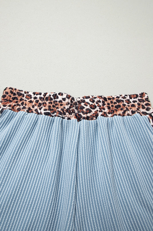 DLLS712 - Ladies Sky Blue Leopard Trim Twist Ribbed Short Set