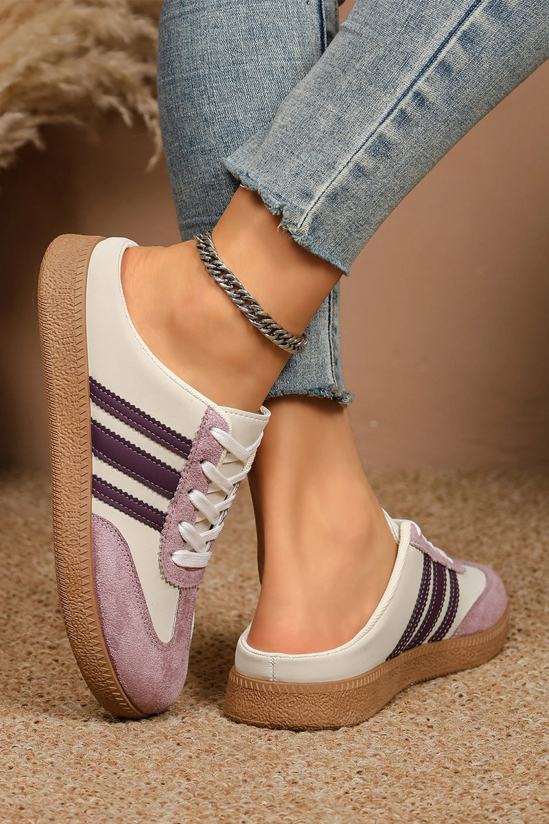 Load image into Gallery viewer, DLLSHOE 151 - Tillandsia Purple PU Leather Color Block Varsity Lace Up Flat Shoes
