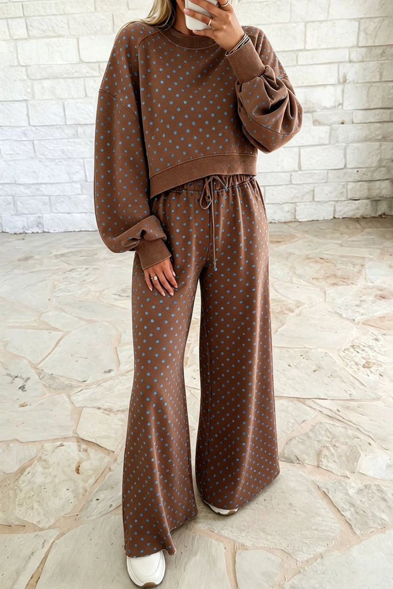 Load image into Gallery viewer, DLLS899 - Ladies Brown Polka Dot Drawstring Wide Leg Long Sleeve Top Pant Set
