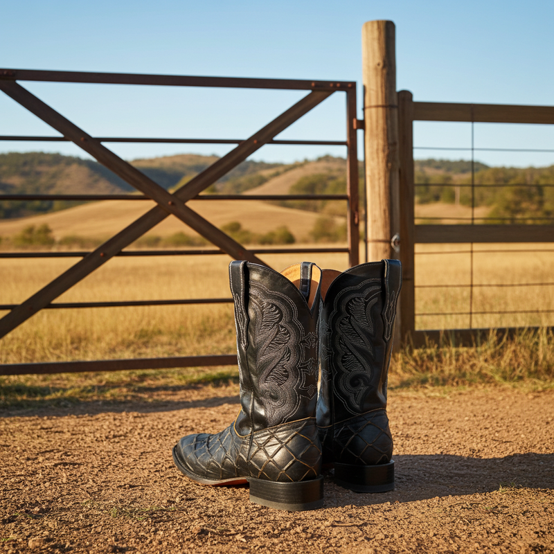 Load image into Gallery viewer, CP1702 - Cowboy Prayer Pirarucu Print w/Yellow Underlay Cowboy Boots
