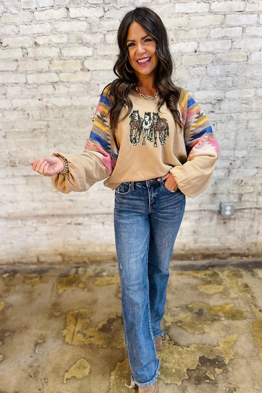 DLLS751 - Ladies Light Beige Western Horses Aztec Sleeve Western Fashion Sweatshirt
