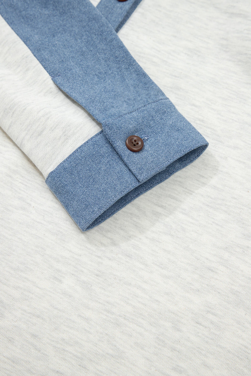 Load image into Gallery viewer, DLLS439 - Ladies Light Grey Denim Patchwork Buttoned Polo Collar Long Sleeve Top
