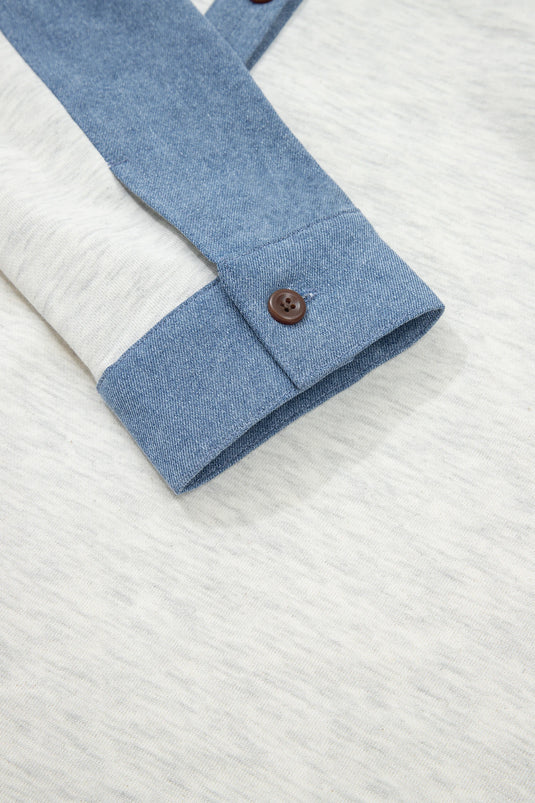 DLLS439 - Ladies Light Grey Denim Patchwork Buttoned Polo Collar Long Sleeve Top
