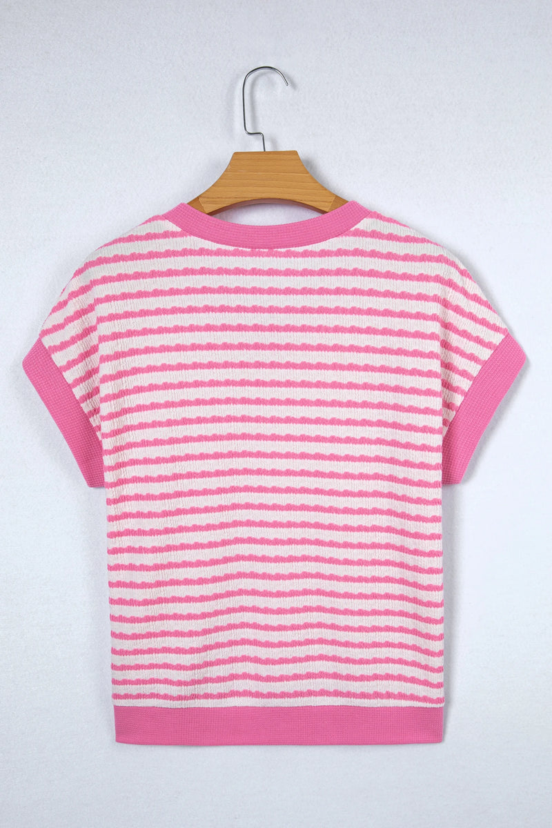 Load image into Gallery viewer, DLLS458 - Ladies Pink Stripe Textured Knit Contrast Trim V Neck Short Sleeve Top
