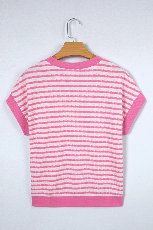 DLLS458 - Ladies Pink Stripe Textured Knit Contrast Trim V Neck Short Sleeve Top