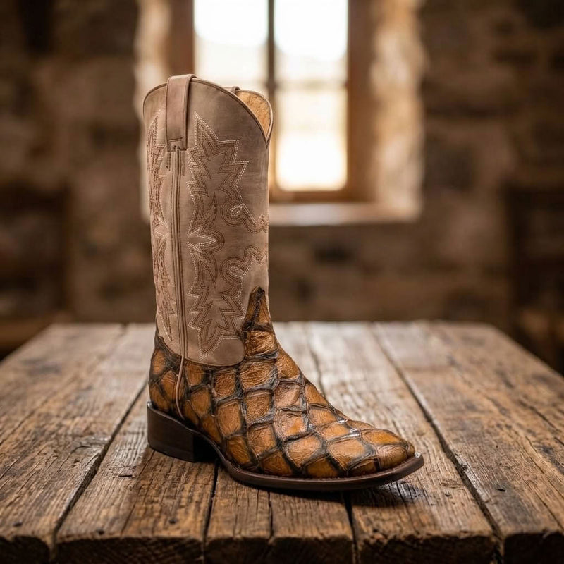 Load image into Gallery viewer, CP5015 - Cowboy Prayer Hand Crafted Golden Brown Pirarucu Print Cowboy Boots
