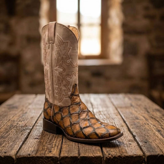 CP5015 - Cowboy Prayer Hand Crafted Golden Brown Pirarucu Print Cowboy Boots