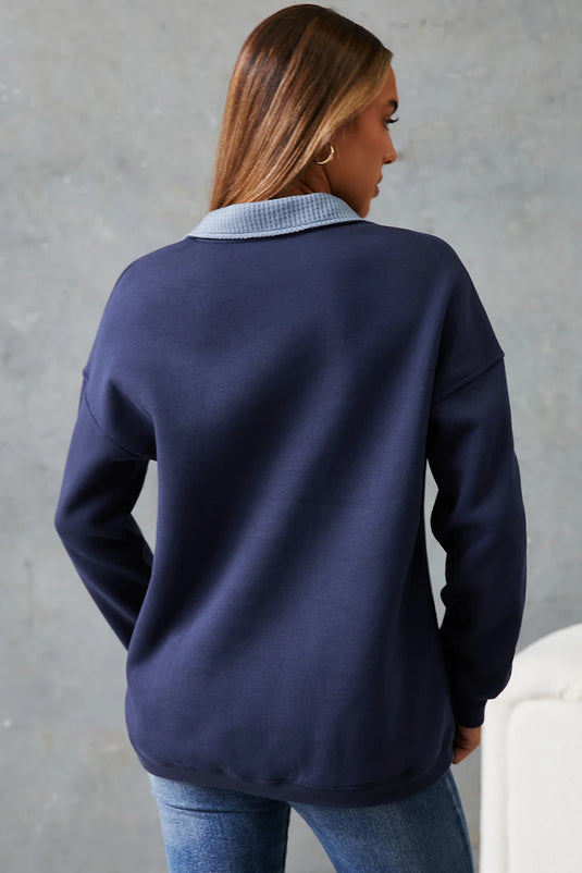 DLLS1120 - Ladies Blue Contrast Textured Placket Metal Button Pullover Sweatshirt