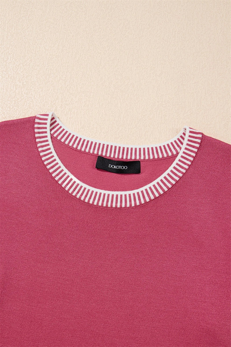 Load image into Gallery viewer, DLLS485 - Ladies Rose Red Contrast Striped Trim Round Neck Half Sleeve Sweater

