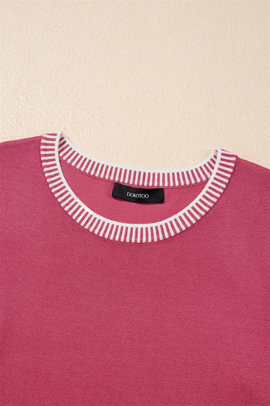 DLLS485 - Ladies Rose Red Contrast Striped Trim Round Neck Half Sleeve Sweater