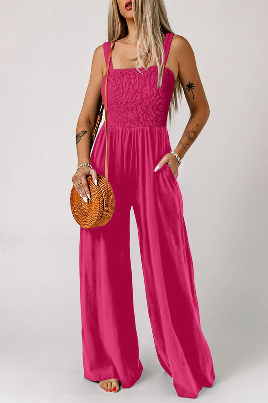 DLLS611 - Ladies Rose Red Smocked Square Neck Sleeveless Jumpsuit with Pockets