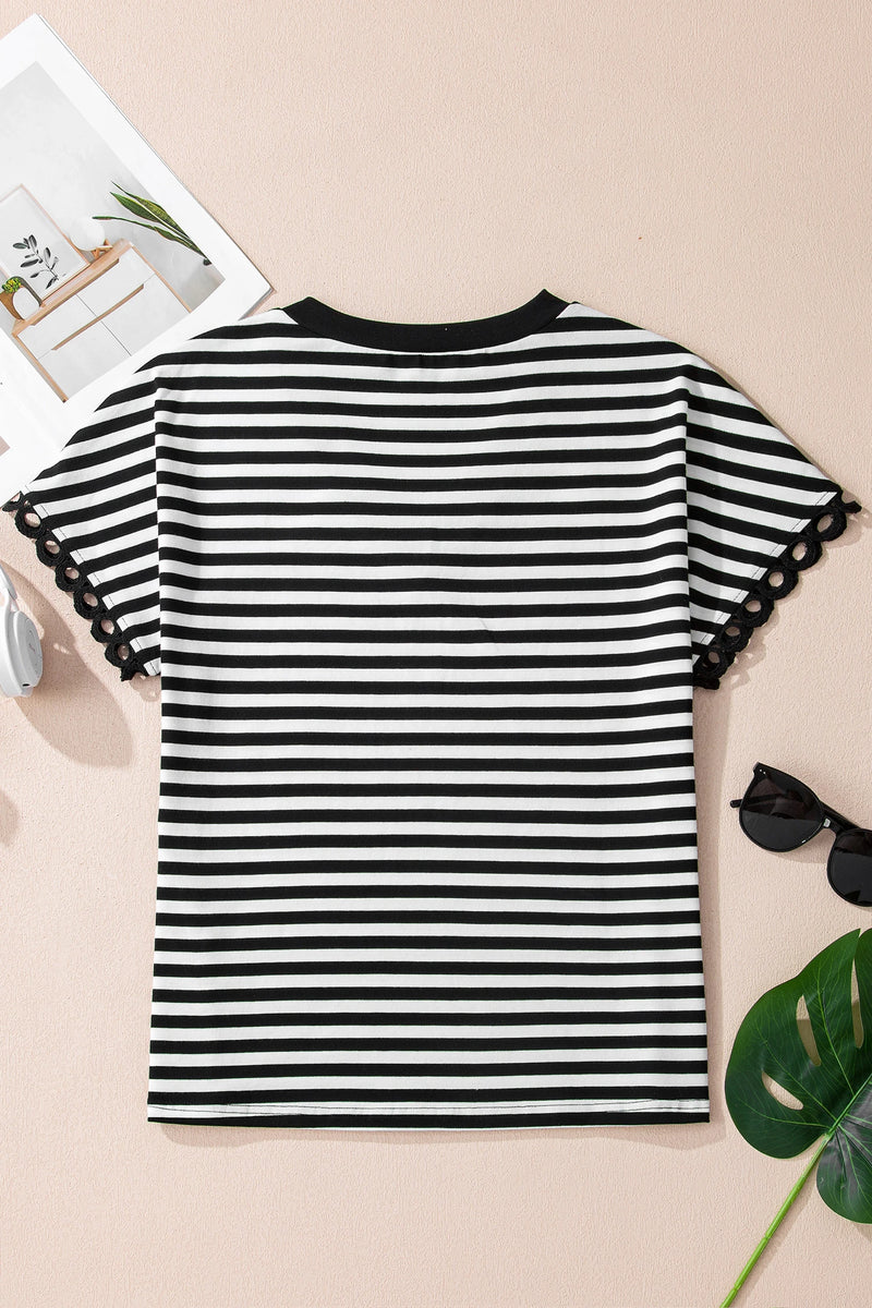 Load image into Gallery viewer, DLLS348 - Ladies Black Striped Print V Neck Delicate Trim Casual Tee
