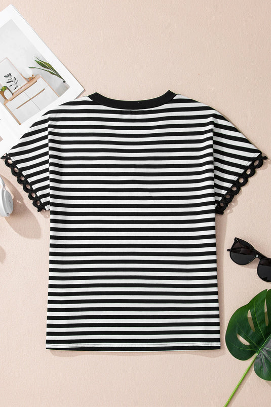 DLLS348 - Ladies Black Striped Print V Neck Delicate Trim Casual Tee