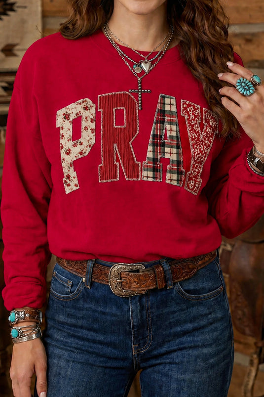 DLLS1046 - Ladies Red Floral Plaid Striped Embroidered Patch Western Pullover Sweatshirt
