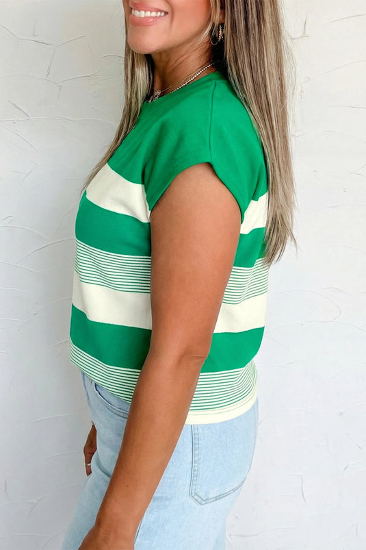 DLLS483 - Ladies Green Stripe Mixed Print Crew Neck Cap Sleeve T Shirt