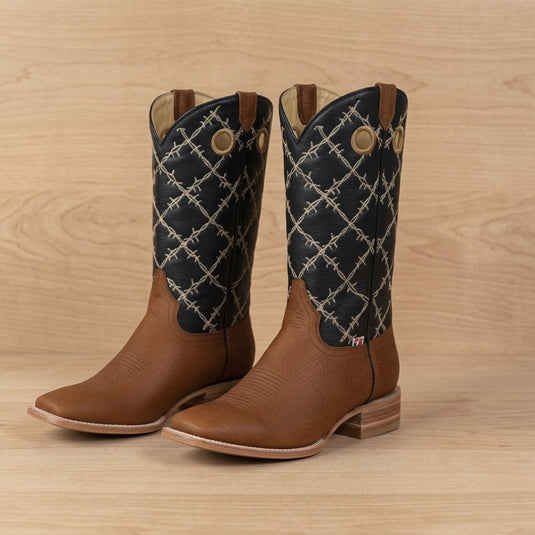 1240 - RockinLeather Men's Honey Brown Cowhide Boot W/Barbed Wire Upper