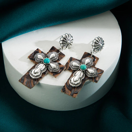 GOODER 11 - PU Leather Cross Turquoise Inlay Drop Earrings