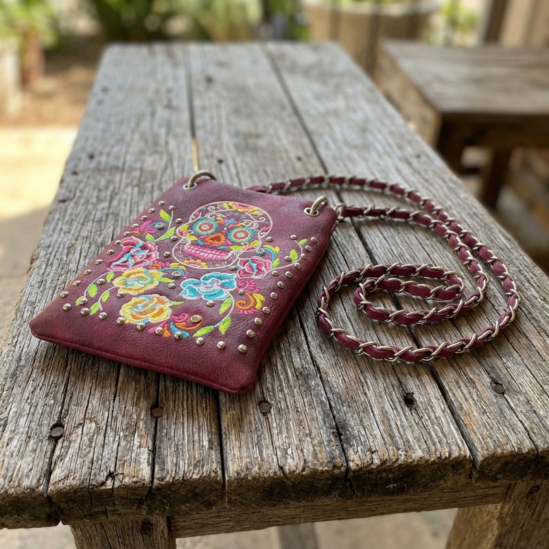 Load image into Gallery viewer, Rainbow Purse 1 - Maroon Sugar Skull
