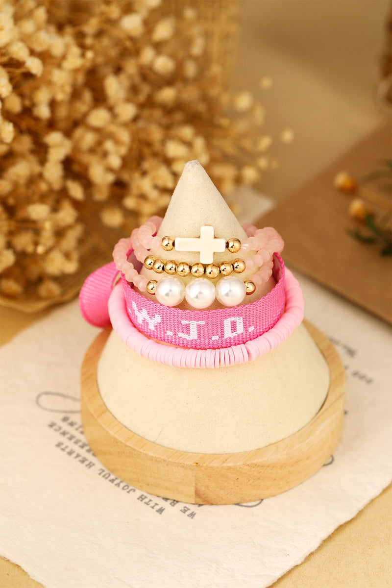 Load image into Gallery viewer, DLLBC 25 - Pink WWJD Faith Prompt Mix Beading 5pcs Bracelet Set
