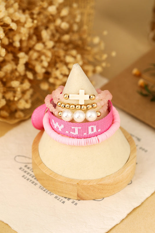 DLLBC 25 - Pink WWJD Faith Prompt Mix Beading 5pcs Bracelet Set